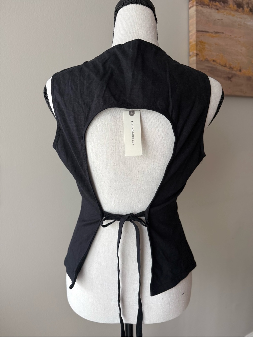 Anthropologie Black Open-Back Linen Blend Vest Top